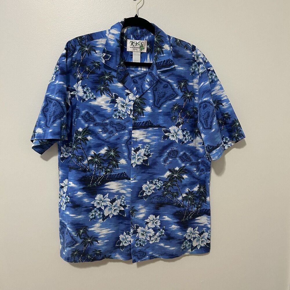 KYs Mens Button Down Shirt Size Large Blue Floral Hawaiian Casual Short Sleeve